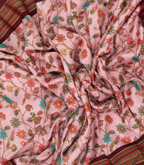 Baby Pink Handloom Silk Saree With Printed Bird Motifs & Contrast Border-PS0541