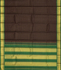 Black Handloom Kanchipuram Silk Saree With Checks & Green Border-KA12855