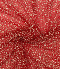 Red Woven Net Saree With Embroidered Floral Motifs-EN1876