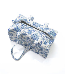 White Handmade Duffle Bag With Printed Motifs With Zipper (9"H X 14"W X 7"D)-ACS1048