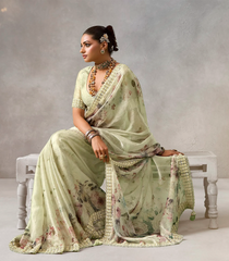 Mint Green Woven Blended Chiffon Tissue Saree With Printed Floral Motifs & Zircon Work-BL4575