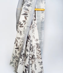 White Woven Synthetic Linen Saree With Printed Floral Motifs-BL3704