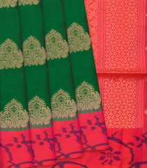 Dark Green Handloom Soft Silk Saree With Butta & Red Border-Dark Green