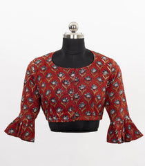 Maroon Printed Cotton Blouse With Floral Prints & Pleated Bell Cuffs-RB5223