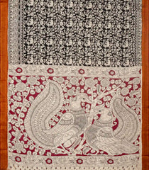 Black Woven Kalamkari Printed Cotton Saree With Elephant Motifs