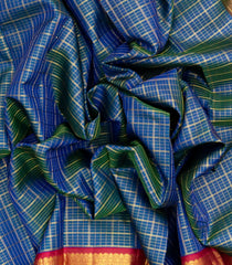 Blue Handloom Korvai Kanchipuram Silk Saree With Checks & Contrast Border-KA13028