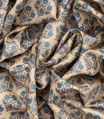 Cream Handloom Printed Tussar Silk Saree With Blue Floral Motifs-Cream