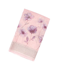 Baby Pink Handloom Linen Saree With Printed Blue Floral Motifs