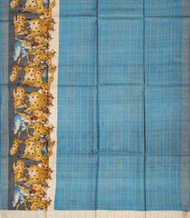 Steel Blue Handloom Tussar Silk Saree With Checks & Printed Motifs-TU2597