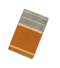 Grey Handloom Kanchi Cotton Saree With Zari Stripes & Contrast Border