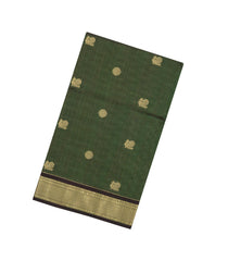 Bottle Green Handloom 9 Yards Silk Cotton Saree With Zari Checks & Buttas-SC3985