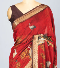 Red Woven Synthetic Viscose Saree With Printed Bird Motifs-BL4641