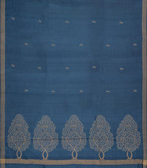 Steel Blue Woven Tussar Silk Saree With Floral Motifs-TU3258