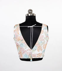 Off-White Floral Thread work Embroidered Sleeveless Saree Blouse with Deep V-Back   -RB5279
