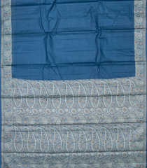 Navy Blue Woven Tussar Silk Saree With Meena Floral Border-TU2965