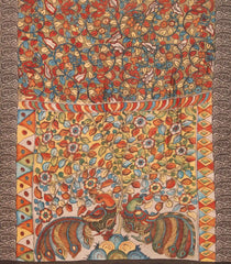 Beige Handloom Tussar Silk Saree With Printed Kalamkari Motifs-TU2886