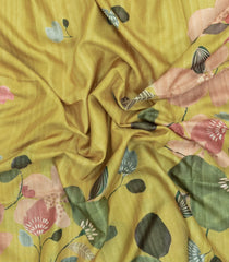 Yellow Printed Synthetic Tussar Silk Saree With Floral Motifs-SY0176