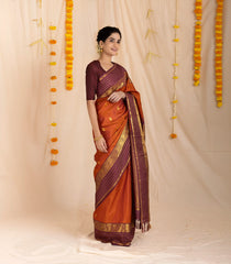 Rust Handloom Kanchipuram Silk Saree With Buttas &amp; Maroon Border - KA14150