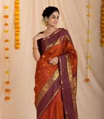 Rust Handloom Kanchipuram Silk Saree With Buttas &amp; Maroon Border - KA14150