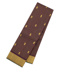 Dark Brown Handloom Kanchipuram Silk Saree With Vairaoosi Stripes & Buttas-KA16739