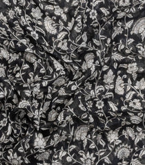 Black Handloom Linen Saree With Printed White Floral Motifs-LI0782