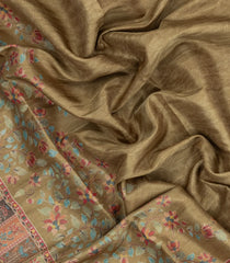 Olive Green Printed Synthetic Tussar Saree With Floral Motifs-BL5367