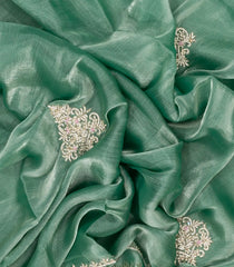 Aquamarine Woven Art Tissue Saree With Embroidered Floral Motifs & Selvage-BL4653