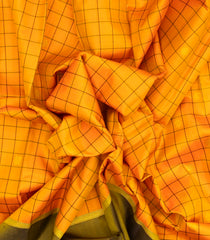 Mustard Handloom Kanchipuram Korvai Silk Saree With Checks & Buttas