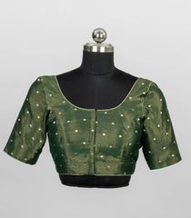 Bottle Green Blended Tissue Readymade Saree Blouse with Gold Polka Dot Butis-RB5285