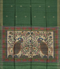 Bottle Green Handloom Dupion Silk Saree With Printed Bird Pallu-DS0495