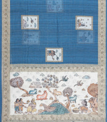 Blue Printed Art Linen Saree With Zari Checks-BL6070
