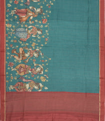 Sea Greeb Printed Tussar Silk Saree With Kalamkari Motifs-TU3641