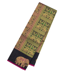Black Handloom Kanchipuram Silk Saree With Bomkai Motifs-KA16369