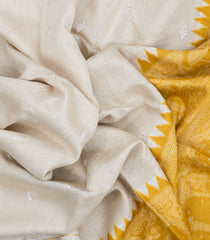 Off White Printed Tussar Silk Saree With Floral Motifs  & Contrast Pallu-TU3708