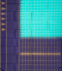 Turquoise Handloom Korvai Kanchipuram Silk Saree With Checks & Contrast Border-KA13377