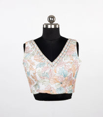 Off-White Floral Thread work Embroidered Sleeveless Saree Blouse with Deep V-Back   -RB5279