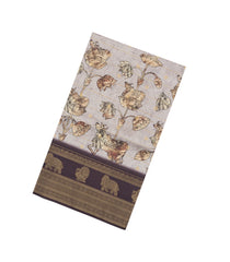Taupe Printed Synthetic Dupion Saree With Zari Stripes & Brown Border-SY0235