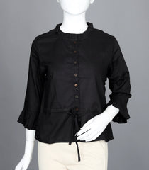 Black Ruffled-Neck Top with Waist Tie-RB5237