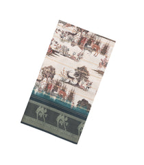 Cream Printed Synthetic Dupion Saree With Zari Stripes & Teal Border-SY0229
