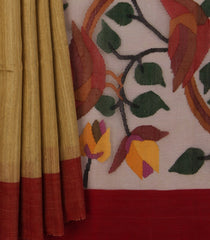 Sandal Handwoven Matka Silk Saree With Bird Motifs Jamdani Kora Pallu And Contrast Red Border