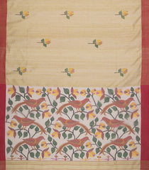 Sandal Handwoven Matka Silk Saree With Bird Motifs Jamdani Kora Pallu And Contrast Red Border