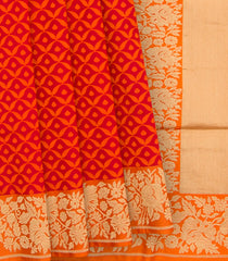 Orange Handwoven Benares Silk Saree With Floral Motifs On Border And Pallu