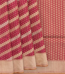 Red Handwoven Benares Silk Saree With Floral Motifs In Diagonal Stripes in Gold And Silver Zari