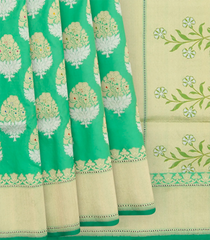 Green Handwoven Benares Silk Saree With Floral Motifs In Gold & Silver Zari