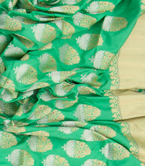 Green Handwoven Benares Silk Saree With Floral Motifs In Gold & Silver Zari