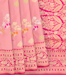 Bubble Gum Pink Handwoven Benares Silk Saree With Floral Motifs