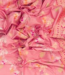 Bubble Gum Pink Handwoven Benares Silk Saree With Floral Motifs