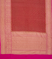 Crimson  Handwoven Benaras Khaddi Georgette Saree With Contrat Pink Border-Crimson