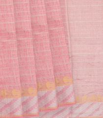 Baby Pink Handwoven Benares Linen Silk Saree With Checks