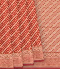 Peach Handwoven Benares Silk Saree With Floral Motifs In Diagonal Stripes In Gold Zari-Peach